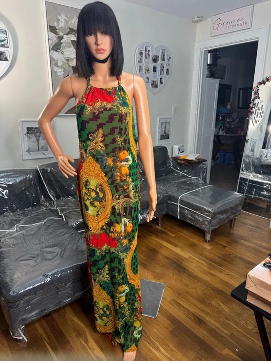 Fiona Mesh Halter Neck Red & Green Baroque Print Maxi Dress - Picture 5 of 5